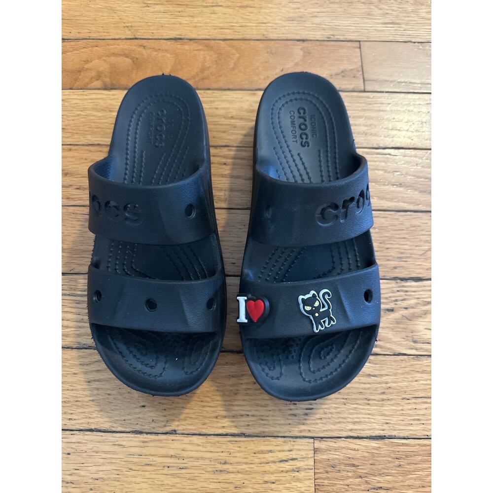 Crocs Double Strap Slide Sandals Black Platform Jibbitz Charms Women’s Size 8